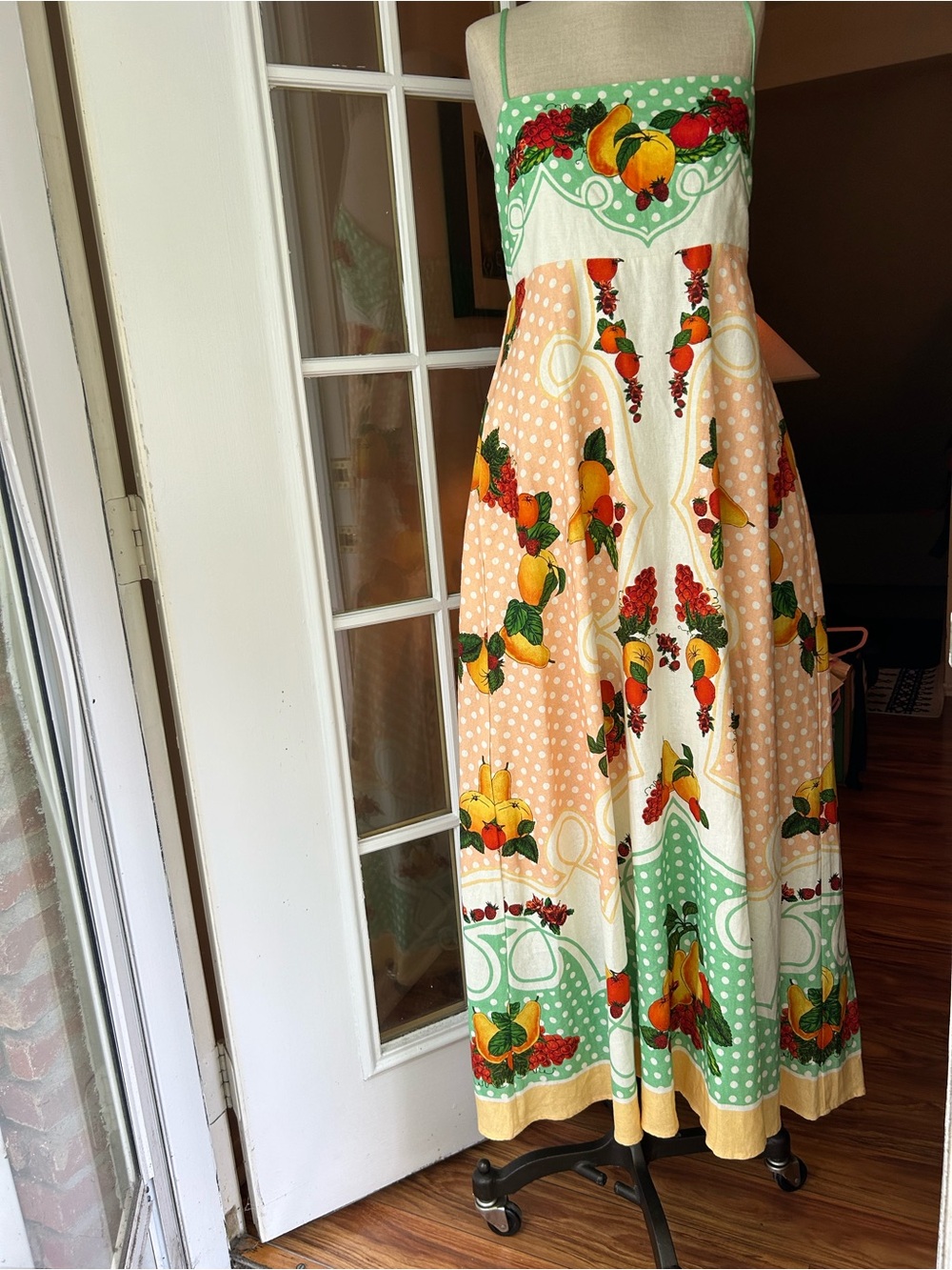 Caroline Constas Peach, Green and Yellow Polka dot Fruit-Print Maxi Dress